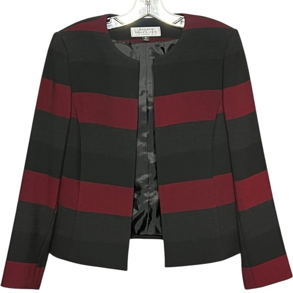 Tahari Arthur S. Levine Collarless Open Front Blazer Burgundy Black Stripe 8P - Picture 1 of 4